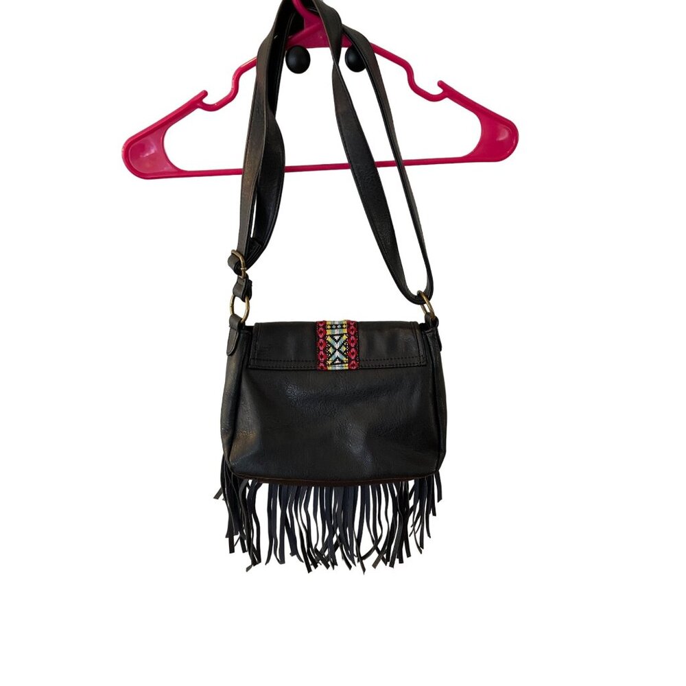 Arizona Jean Co Black Faux Leather Crossbody Bag Fringe / Boho Embroidered M Siz - Picture 6 of 11